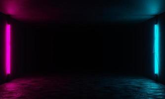 3d modern neon light glowing in empty room with reflection of neon light on the concrete wall and floor photo