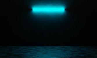 3d minimal scene with neon light on dark background with reflection of blue neon light on the floor photo