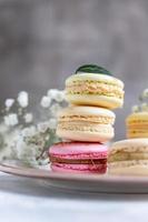 Macaron or macaroon with gypsophila flowers on grey background. Pastel colors french dessert with fresh flowers. photo