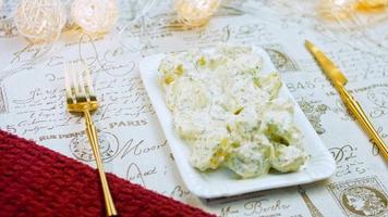 Such a tender potato salad with mastard, mayonnaise, red onion and dill. Wath the recipe in video