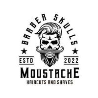 Barber Skull moustache with hair style logo icon symbol black and white vintage template for labels, emblems, badges or design template vector