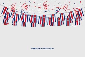 Costa Rica garland flag with confetti on white background, Hang bunting for Costa Rica celebration template banner. vector