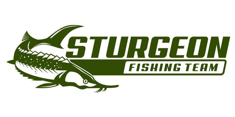 Sturgeon fish fishing logo on black dark background. modern