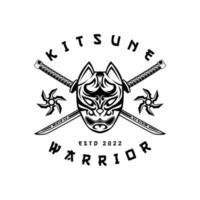 Kitsune with cross katana japanesee Wolf Logo in vintage style black and white vector illustration