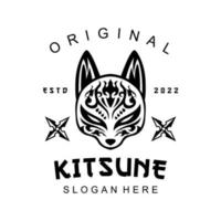 Kitsune Shuriken Head japanesee Wolf Logo in vintage style black and white vector illustration