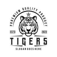 ilustración de vector de diseño de logotipo de cabeza de tigre enojado en blanco y negro en estilo vintage