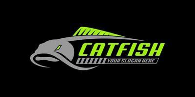 logo de pesca de pez gato sobre fondo negro oscuro. diseño de logotipo rústico vintage moderno. ideal para usar como el logotipo de cualquier empresa pesquera vector