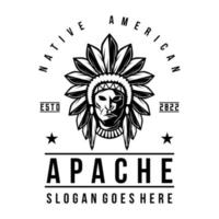 apache indian man logo estilo vintage jefe mascota diseño carácter negro y wahite silueta vector ilustración