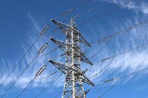 Wires on a pole carrying high voltage electric current. photo