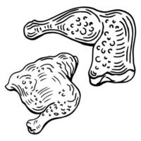 Chicken leg. Juicy meat with cuts. Sketch. Vector illustration. Coloring book for children. Chicken leg ready for frying. Outline on isolated background. Doodle style. Idea for web design.