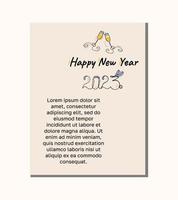 New year card with glasses of champagne and text 2023. Lineart Vector illustration.