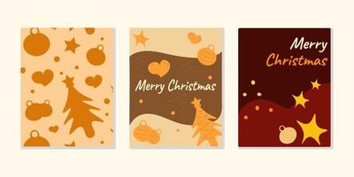 Christmas postcard set in beige tones. Orange, burgundy colors. Vector illustration.