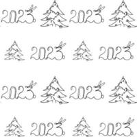 Seamless pattern Line art christmas tree and 2023 inscription. Vector illustration.