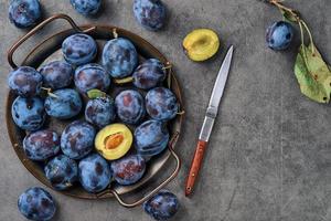 Plums in water drops in a metal dish against a gray background. Top view with copy space. Beautiful ripe prunes, harvesting fruits in autumn, eco products from the farm photo