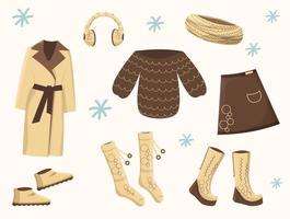 Woman clothes set winter and autumn. Vector illustration. Beige, brown colors. Flat style.