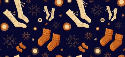 Seamless pattern with winter socks golfs and snowflakes. Orange color. Christmas Vector illustration