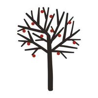 Tree with no leaves and red fruits. Hand drawn Christmas winter illustration vector