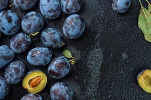 Plums in water drops on the background of a black stone board. Top view with copy space. Beautiful ripe prunes, harvesting fruits in autumn, eco products from the farm photo