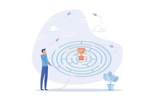 Path to success, challenge to find the way to achieve target or goal and win trophy, solve problem or business decision concept, flat vector modern illustration