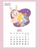 calendario abril 2023. lindo conejito de pascua con huevo de pascua y flores. ilustración vectorial plantilla vertical. semana a partir del lunes en ingles. símbolo de conejo año 2023 al zodiaco chino vector