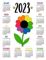 Calendar for 2023 with LGBTQ Symbol flower with rainbow petals. LGBT flag Rainbow colors. Vector illustration. Vertical template for 12 months English. week starts on Sunday. Stationery, print, decor.