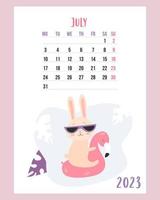 July 2023 calendar. Cute bunny on vacation in sunglasses floats on rubber pink flamingo. Vector illustration. Vertical Template. Week from Monday In English. rabbit is symbol 2023 year.