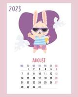 August 2023. calendar. Cute bunny in beach shorts with sunglasses with cocktail. Vector illustration. Vertical Template. Week from Monday In English. rabbit is symbol 2023 year to Chinese zodiac.