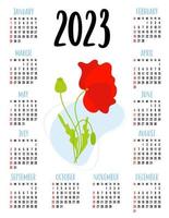 Calendar for 2023 with beautiful red poppy flower. Vector illustration. Vertical calendar template for 12 months in English. Week starts on Sunday. Stationery, printing, organizer, decor.