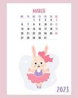 calendario marzo 2023. linda bailarina de conejita vestida con zapatos de punta. el conejo es el símbolo del año 2023 para el zodíaco chino. ilustración vectorial plantilla vertical. semana a partir del lunes en ingles. vector