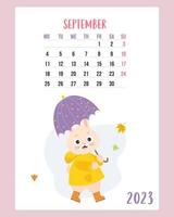 September 2023 calendar. Cute bunny under an umbrella, in raincoat and rubber boots with falling autumn leaves. Vector illustration. Vertical Template. Week from Monday. English. rabbit symbol year.