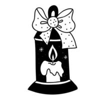 Christmas candlestick with candle and bow. Vector hand drawing in doodle style. For holiday decor, design, decoration and printing.