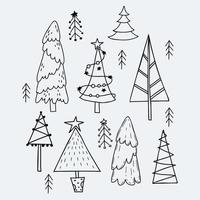 Collection linear of Christmas trees. Various trees, with garland, simple and abstract. outline. Vector isolated hand drawn doodle for holiday decor, design, cards and print.