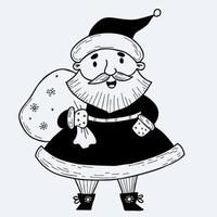 linda caricatura santa claus con bolsa. ilustración vectorial doodle dibujado a mano para tarjetas de felicitación navideñas e invitaciones. vector