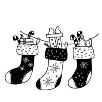Christmas stockings with gifts. Vector hand drawing in doodle style. For holiday decor, design, decoration and printing.