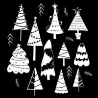 Collection Christmas trees. Various trees, with garland, simple and abstract. Vector isolated hand drawn doodle white line drawing on black background