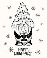 Christmas card with hand drawn cute scandinavian gnome with christmas tree and gift. Happy New Year. Funny vector illustration, cartoon style, winter character, gnome Santa Claus