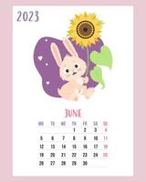 calendario junio 2023. lindo conejito con gran flor amarilla girasol. ilustración vectorial plantilla vertical. semana a partir del lunes en ingles. a4. el conejo es el símbolo del año 2023 para el zodíaco chino. vector