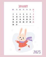 January 2023 calendar. Cute winter bunny in knitted clothes is skating on white background. 2023 year rabbit is to Chinese zodiac. Vector illustration. Vertical Template. Week from Monday In English.