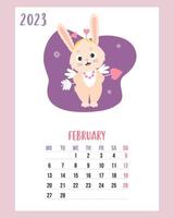 calendario febrero 2023. lindo conejito cupido con un corazón de flecha y copos de nieve. el conejo es el símbolo del año 2023 para el zodíaco chino. ilustración vectorial plantilla vertical. semana a partir del lunes en ingles. vector