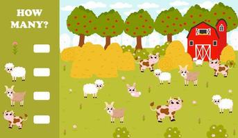 Counting game for kids with farm animals - sheeps and cows, goats and flowers, barn and haystacks in cartoon style vector