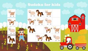 colorido juego de sudoku para niños con espantapájaros y cosecha de zanahorias, tractor con montones de heno, granero y animales de granja vector