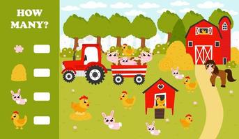 Counting game for kids with farm animals, barn and garden in cartoon style, printable how many worksheet vector