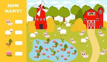 juego de contar para niños con animales de granja: ovejas y conejos, estanque con patos y nenúfares, granero y molino de viento vector