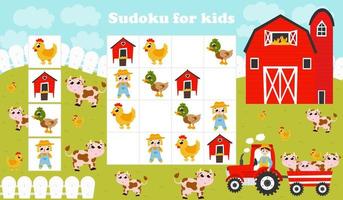 Colorful sudoku game for kids with tractor with farm animals, barn in cartoon style, printable worksheet