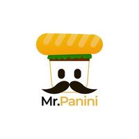 mr paninilogo para marca de comida rápida o empresa de entrega con cara de personaje, mascota para café sándwich vector