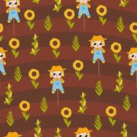 Farm harvest of corn and sunflower with scarecrow seamless pattern in cartoon style for kitchen design or wallpaper vector