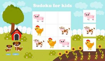 Printable worksheet with sudoku game for kids with farm animals in cartoon style, cow and hen, pig character vector