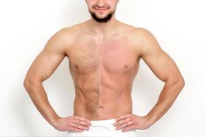 Man with bare-chested before and after waxing hair photo