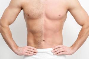 Man with bare-chested before and after waxing hair photo