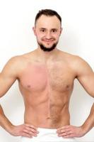 Man with bare-chested before and after waxing hair photo